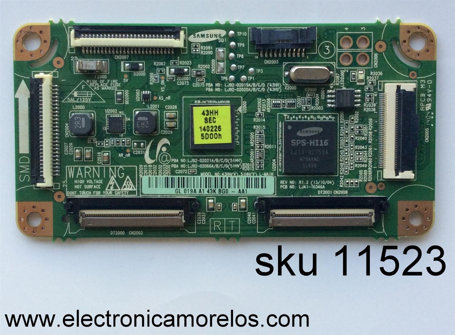 MAIN LOGICA / SAMSUNG BN96-30093A / LJ41-10346A / LJ92-02019A / 019A / MODELO PN43F4500BFXZA TD02 / PANEL S43AX-YD03 / S43AX-YB03	
