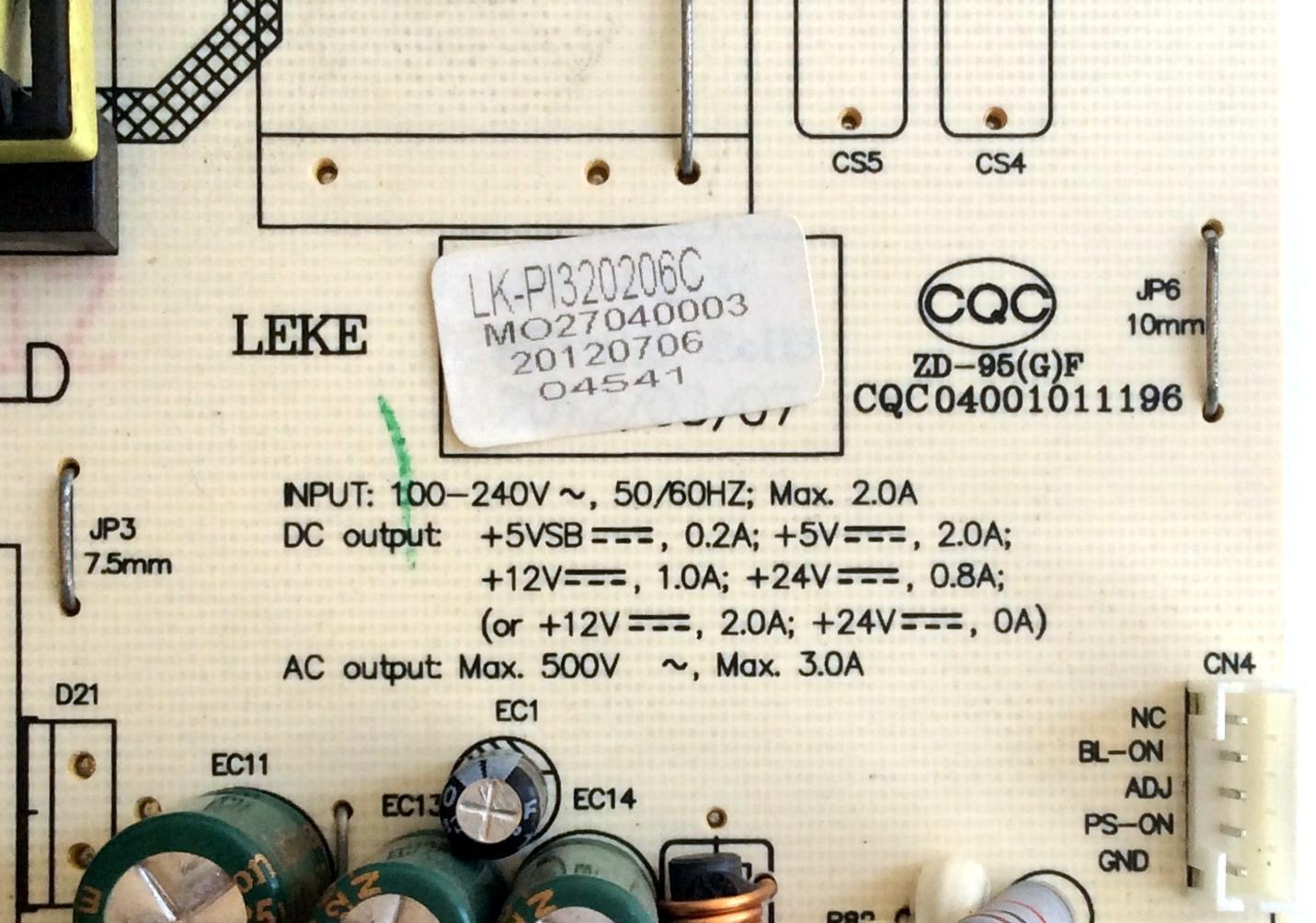 FUENTE DE PODER / APEX LK-PI320206C / CQC04001011196 / 20120706 / MO27040003 / MODELO LD3288M - Imagen 2