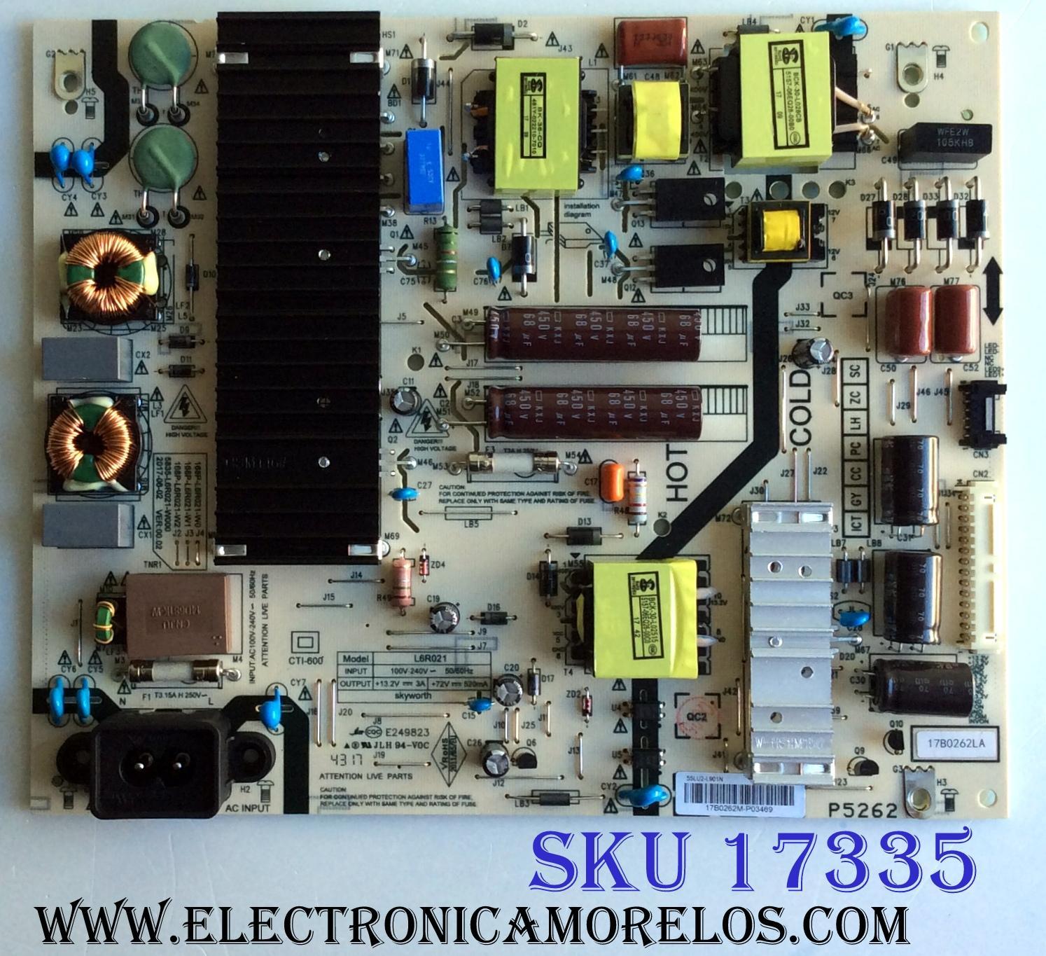FUENTE DE PODER  LG / 55LU2-L901N / L6R021 /  17B0262LA  / 17B0262M / 168-L6R021-W0 J4 / 5835-L6R021-W000 / E249823 / CTI-600 / P5262 / PANEL´S SDL550WY (LD0-910) / LC550EGJ (SK)(A4) / MODELO 55UJ6200-UA CUSYLH