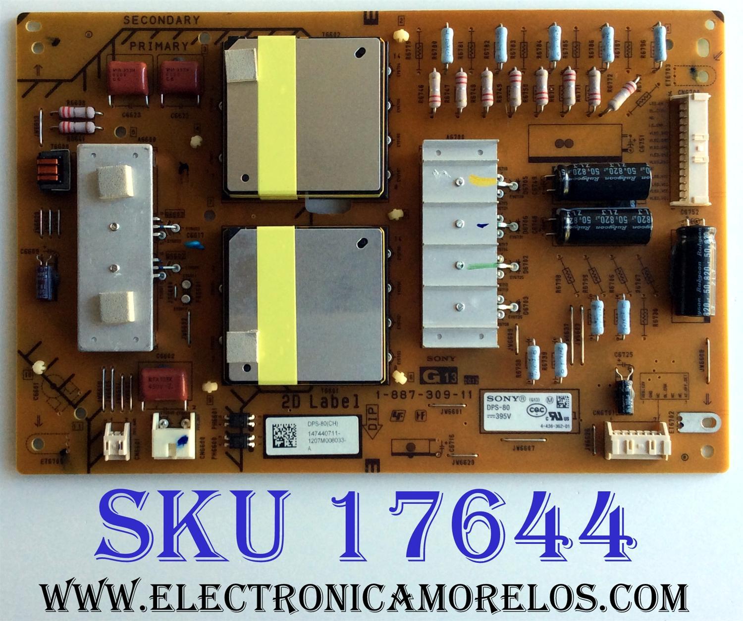 SUB FUENTE DE PODER / SONY 1-474-407-11 / 1-887-309-11 / DPS-80 / 147440711 / DPS-80 (CH) / PANEL FQLF550T02 / MODELO XBR-55HX950