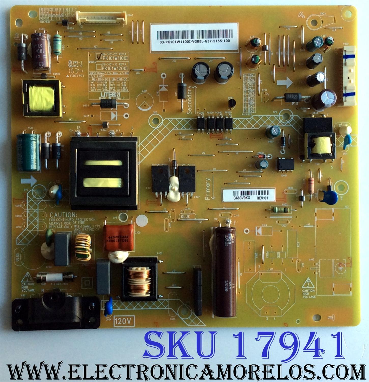 FUENTE DE PODER / BEST BUY / TOSHIBA PK101W1100I / UB-3101-2C REV:A / E301791 / PANEL C500LD-GF61 REV.01 / MODELO 50L420U