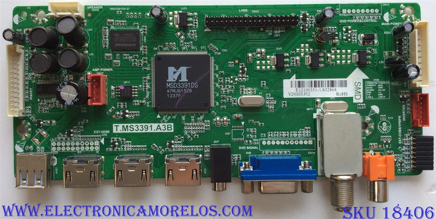 MAIN / APEX E12100351 / T.MS3391.A3B / E198407 / CN.3110E71 / L12100189 / PANEL`S V390HJI-P02 REV.C1 / V290HJI-P02 / MODELO LE3943