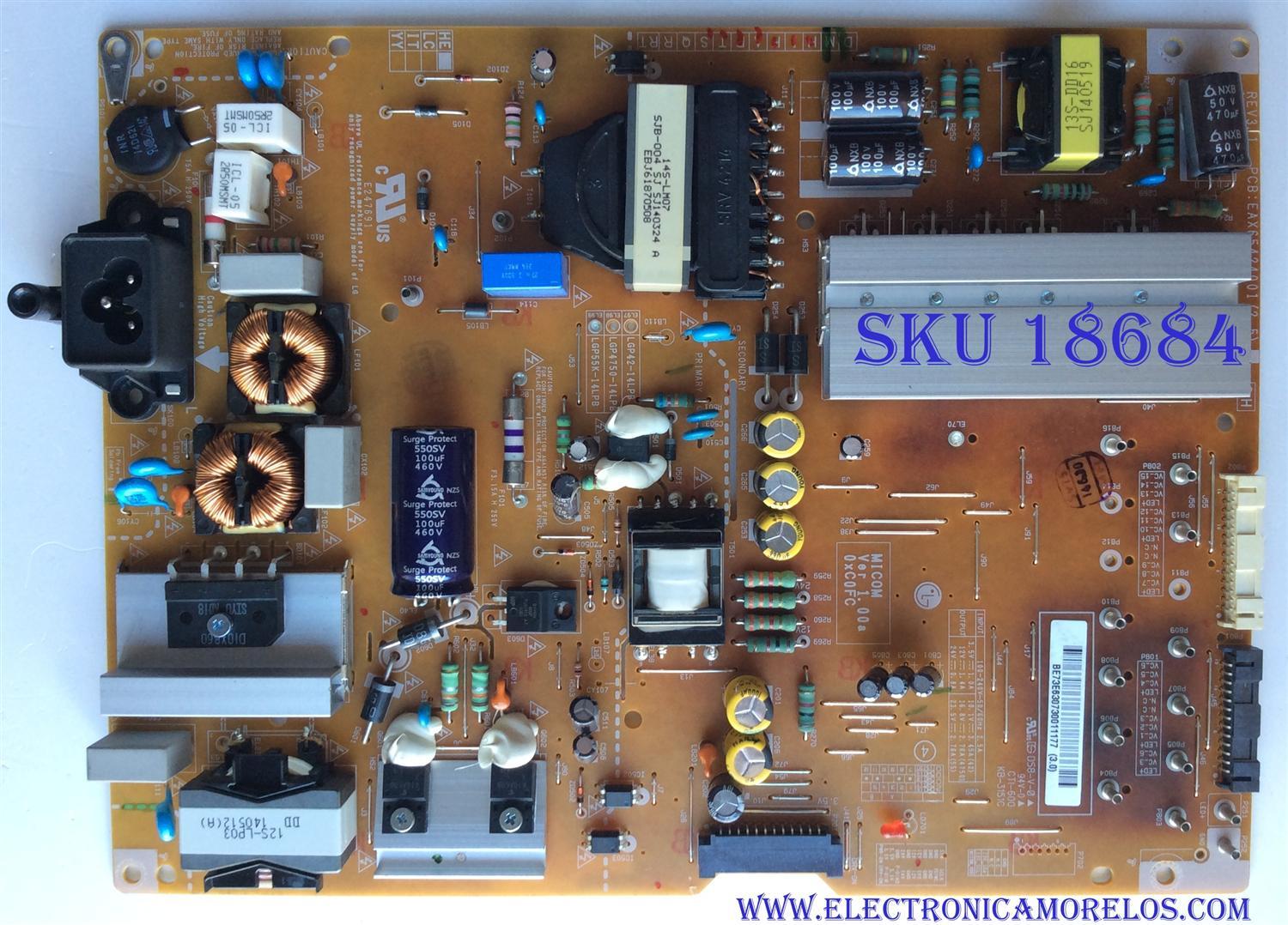 FUENTE DE PODER ORIGINAL PARA TV LG / NUMERO DE PARTE EAY63073001 / 63073001 / LGP55K-14LBB / EAX65424001(2.2) / EAX65424001 / PANEL LC550DUH (PG)(F1) / MODELO 55LB7200-UB / 55LB7200-UB.BUSWLJR / 55LB7200-UB.AUSWLJR