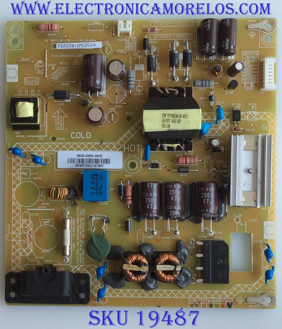 FUENTE DE PODER / JVC / 0500-0605-0630 / FSP074-1PSZ02A / 3BS0365112GP / MODELO  EM32FL