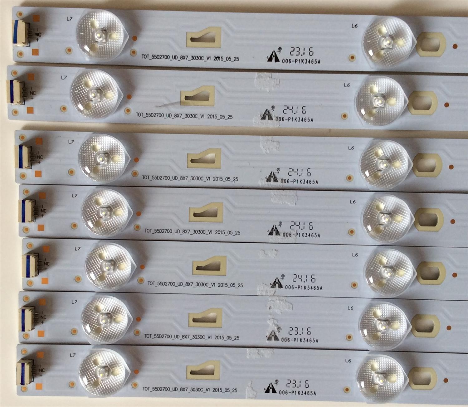 KIT DE LED'S PARA TV TCL ((INCOMPLETO 7 PIEZAS)) / NUMERO DE PARTE TOT_55D2700_UD_8X7_3030C_V1 / YHA-4C-LB3207-YH2 / 006-PK1K3465A / 30355006212E / T0T_55D2700_UD_8X7_3030C_V1 / PANEL LVU550CS0T E1 / MODELO 55US57 / 55US57TGAA - Imagen 2
