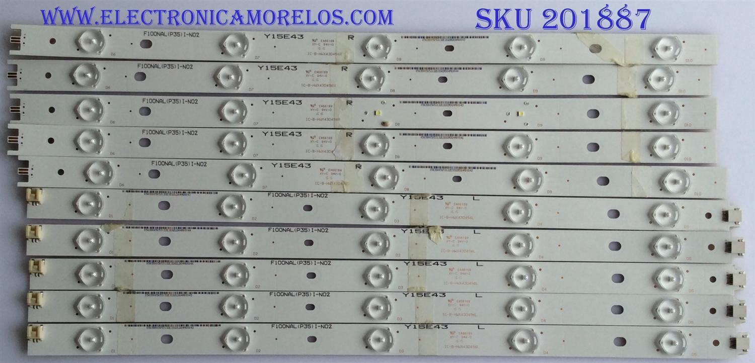 KIT DE LED'S PARA TV (10 PIEZAS) / VIZIO / IC-B-HWX43D496L / F100NAL(P35)I-N02 / Y15E43 / PANEL T430HVN02.0 AUO / MODELO D43-D2