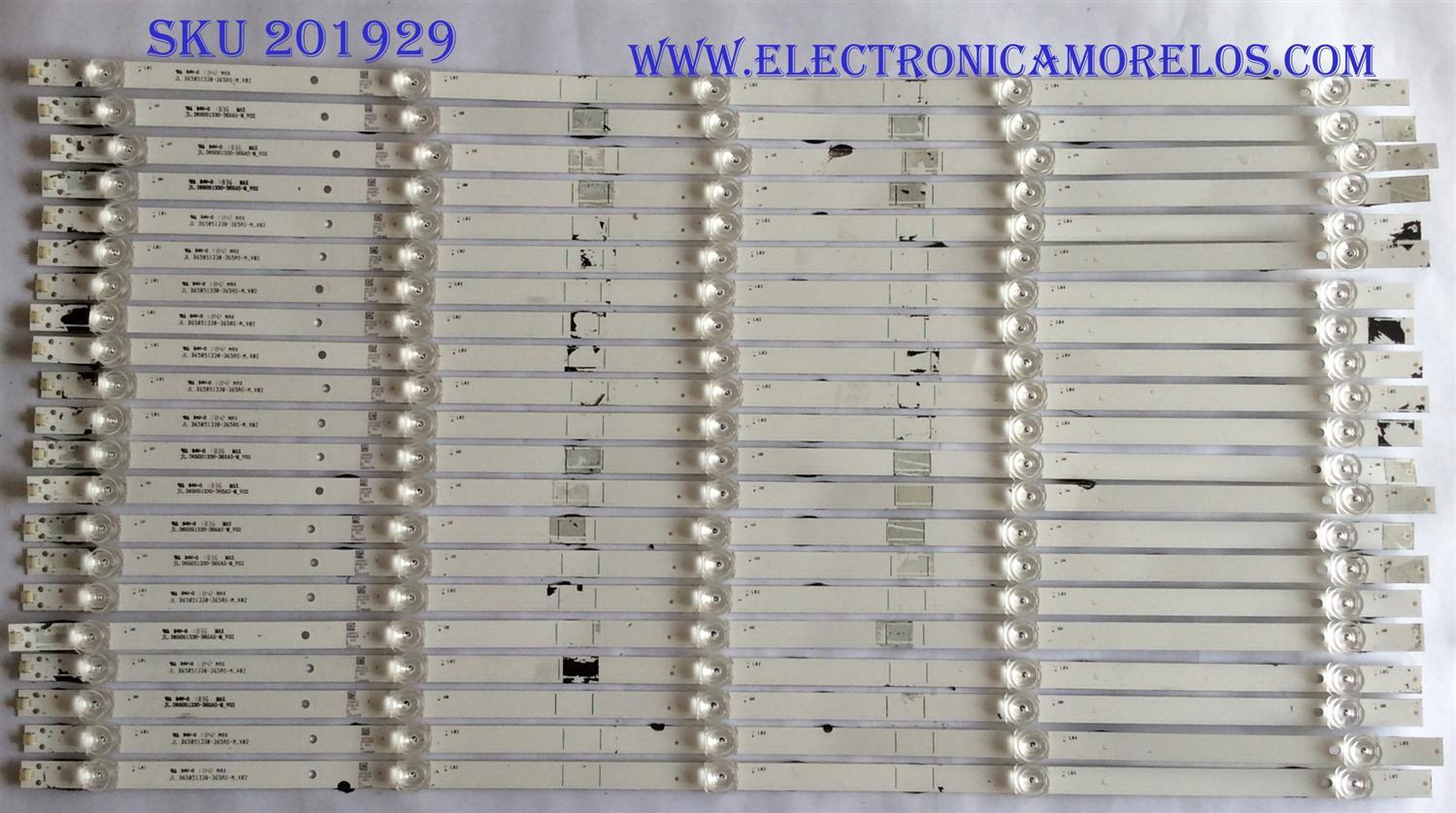 "KIT DE LED'S PARA TV  / HISENSE / JL.D65051330-365AS-M_V02 / C 021 / PANEL HD650S1U71-L1\S0\GM\CKD\ROH / MODELO LC-65Q7370U / NOTA IMPORTANTE : KIT CUENTA ORIGINALMENTE 22 PIEZAS ((INCOMPLETO 21 PIEZAS))	"