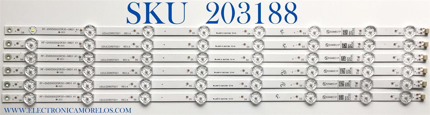 KIT DE LED'S PARA TV PHILIPS ((6 PIEZAS)) / NUMERO DE PARTE UDULEDREF001 / RF-EN550002SR30-0801 / 55W8S1P / UDULEDREF001 REV.A / RF-EN550002SR30-0801 A1 / PANEL HV550QUB / UCFR1XT / UCFR3XT / DISPLAY HV550QUB-F70 REV.2.0 / MODELO 55PFL4864 / 55PFL4756/F7