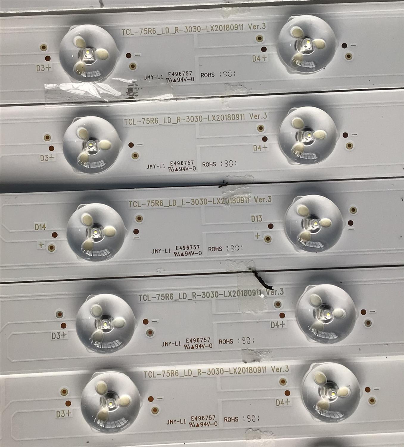 KIT DE LED'S PARA TV TCL (20 PIEZAS) / NUMERO DE PARTE TCL-75R6_LD_L-3030-LX20180911 / YHF-4C-LB7516-YH02J / TCL-75R6_LD_L-3030-LX20180911 VER.3 / PANEL LVU750NDBL / MODELO 75R615 - Imagen 4