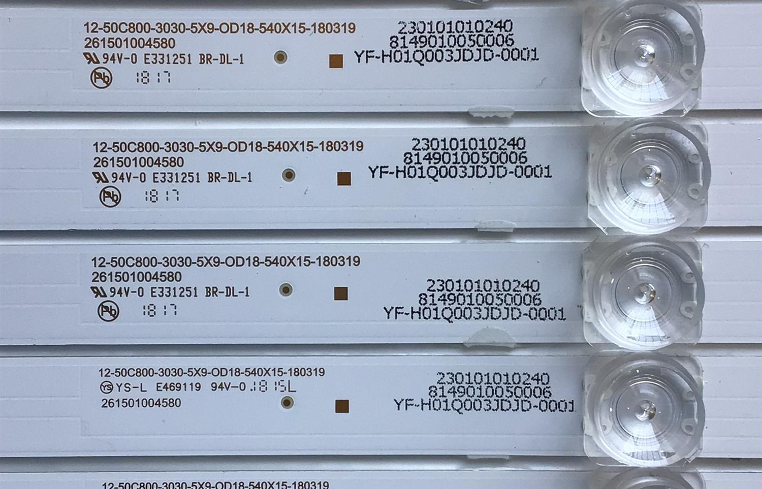 KIT DE LED'S PARA TV ELEMENT (9 PIEZAS) / NUMERO DE PARTE 261501004580 / 12-50C800-3030-5X9-0D18-540X15-180319 / YF-H01Q003JDJD-0001 / 230101010240 / PANEL CN500NC050 / MODELO E2SW5018 - Imagen 3