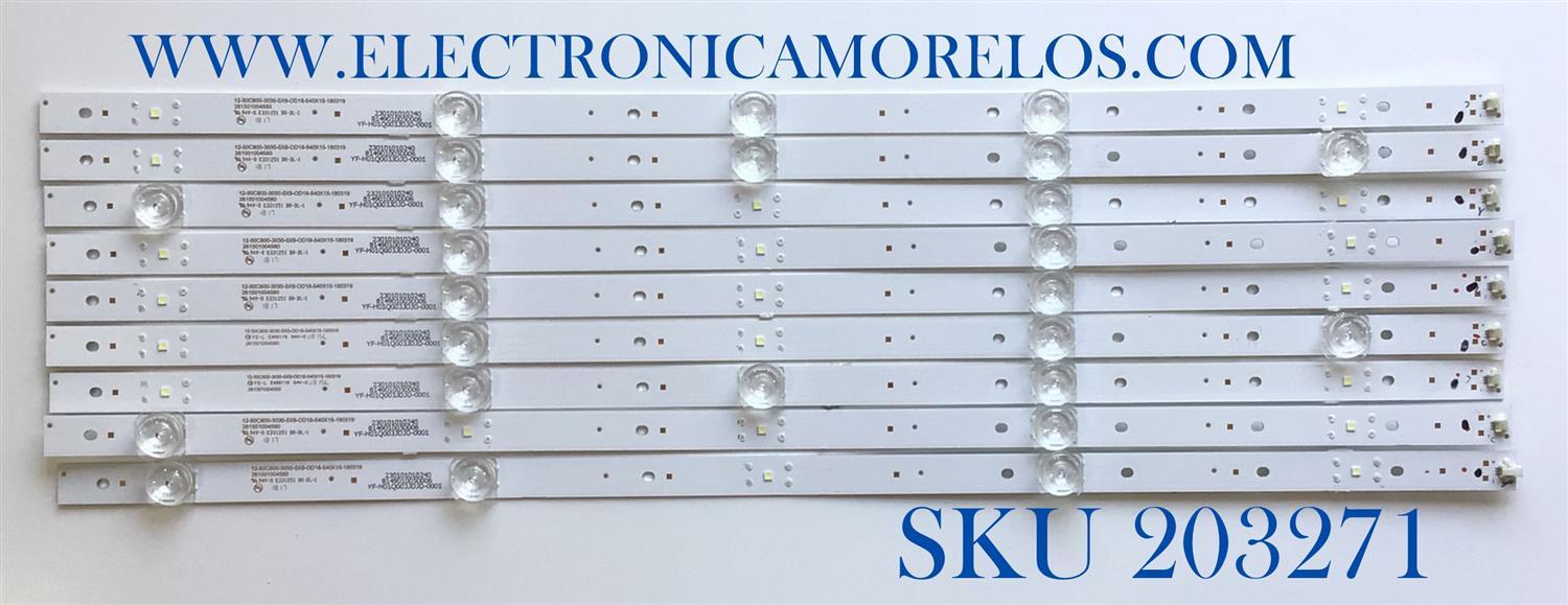 KIT DE LED'S PARA TV ELEMENT (9 PIEZAS) / NUMERO DE PARTE 261501004580 / 12-50C800-3030-5X9-0D18-540X15-180319 / YF-H01Q003JDJD-0001 / 230101010240 / PANEL CN500NC050 / MODELO E2SW5018