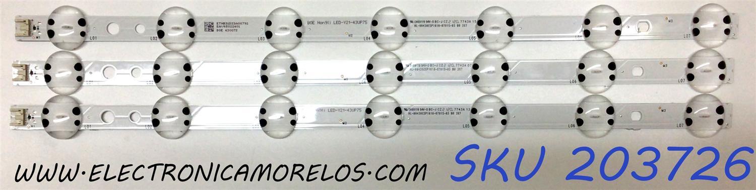 KIT DE LED'S PARA TV LG ((3 PIEZAS)) / NUMERO DE PARTE EAV65022401 / HL-99430CSP1616-0701S-03 B0 3X7 / LED-Y21-43UP75 / 43007S / DISPLAY HV430QUB-F7D / MODELOS 43UP7560AUD / 43UP7560AUD.BUSGLJM / 43UP75006LF / 43UP7500PSF / 43UP7500PSF.AWZGLJZ