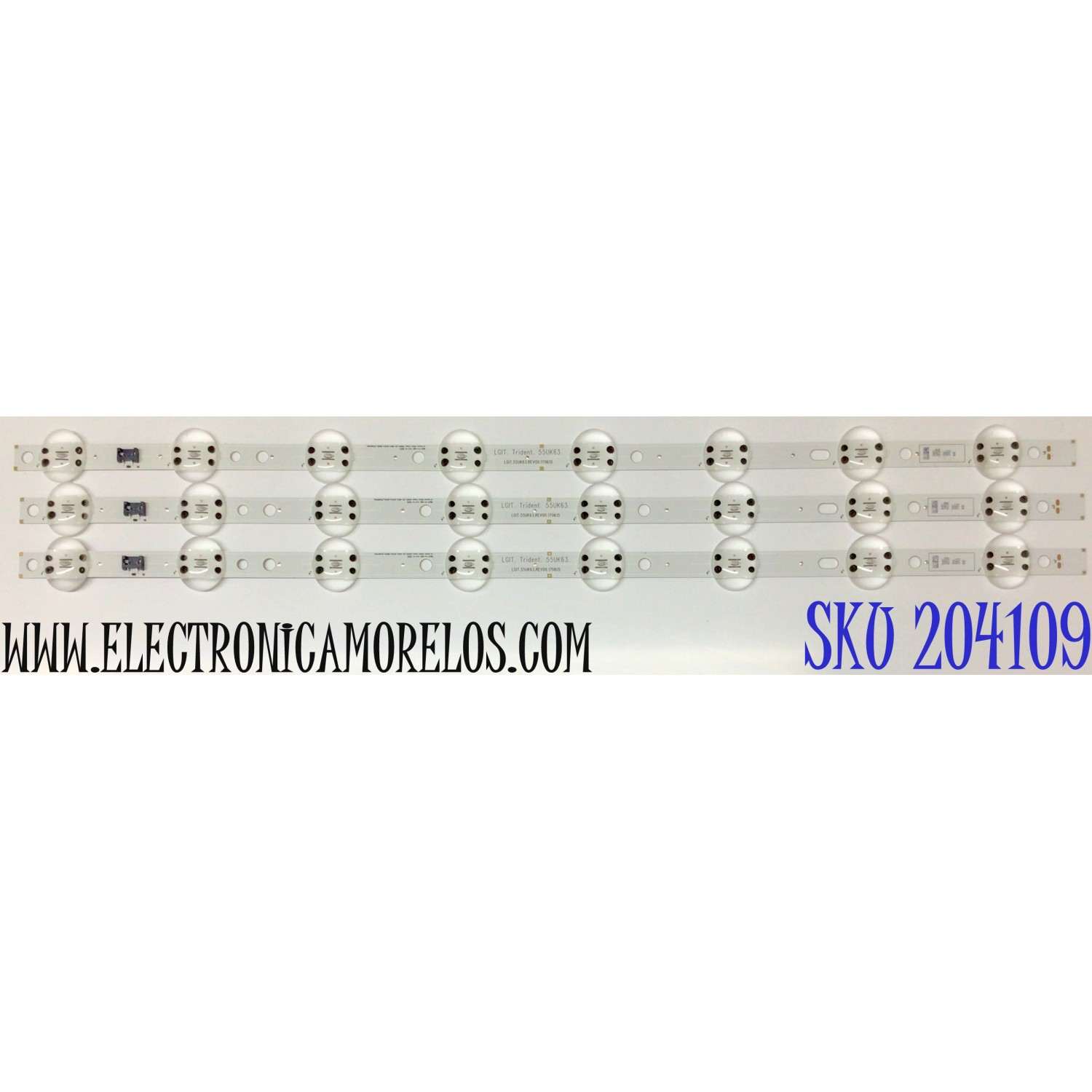 KIT DE LED'S PARA TV LG ((3 PIEZAS)) / NUMERO DE PARTE EAV64013702 / 3PCM00796A / LGIT.55UK63.REV00.170615 / LG INNETEC TRIDENT 55UK63 LED ARRAY_REV0.0_180628_3PCM00796A / PANEL NC550EQG-AAHH1 / LC550EQ9(SM)(A1) / MODELO 55NANO81ANA / 55NANO81ANA.BUSWLOR