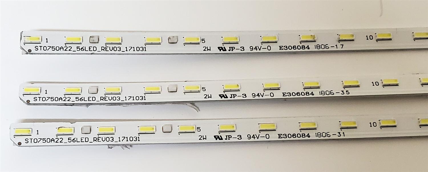KIT DE LED'S PARA TV SONY ((3 PIEZAS)) / NUMERO DE PARTE ST0750A22_56LED_REV03_171031 / STO750A22_56LED_REV03_171031 / 733.02G08.0001 / 056380560011S816 / PANEL V750QWME01 / MODELO XBR-75X850F - Imagen 2