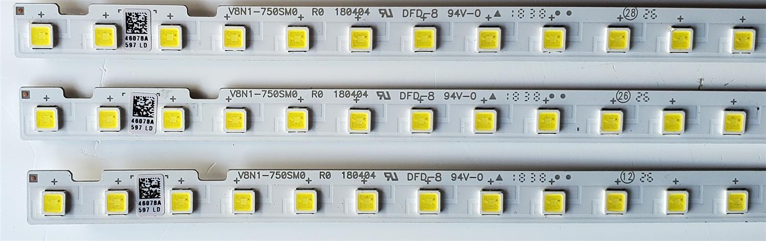 KIT DE LED'S PARA TV SAMSUNG ((3 PIEZAS)) / NUMERO DE PARTE BN96-46078A / V8N1-750SM0-R0 / 46078A / V8N1-750SM0 R0 / PANEL CY-NN075FGLV1H / CY-NN075HGEV1H / CY-NN075HGEV6H / MODELOS UN75NU / UE75NU / LH75Q / UA75NU / HG75 / MAS MODELOS EN DESCIPCIÓN - Imagen 2