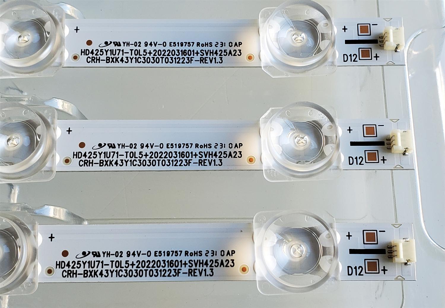 KIT DE LED'S ((NUEVOS)) PARA TV TOSHIBA ((3 PIEZAS)) / NUMERO DE PARTE CRH-BXK43Y1C3030T031223F-REV1.3 / HD425Y1U71-T0L5 / 2022031601 / SVH425A23 / 1282847500 / 25793400 / PANEL HD425Y1U71-T0L5\S1\SM\ROH / MODELO 43C350LU - Imagen 4