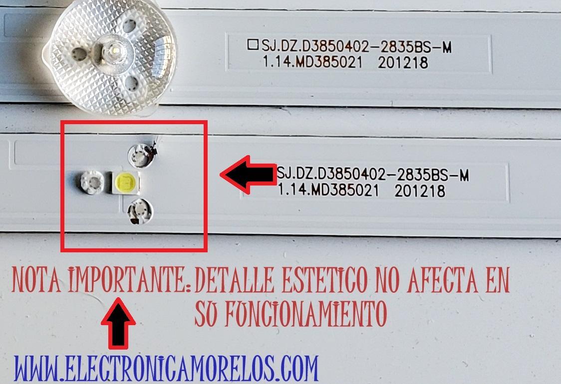 KIT DE LED'S PARA TV QUASAR ((3 PIEZAS)) / NUMERO DE PARTE SJ.DZ.D3850402-2835BS-M / 1.14.MD385021 / 201218 / 385A06K / 0A4R-1.17.01.0000172-000-D5-136T08V2C / 210714D5-02040-DK.D385S02-24565-DR1026 / PANEL DXLC390TA2A / DISPLAY LC390TA2A / MODELO Q39HD1 - Imagen 2