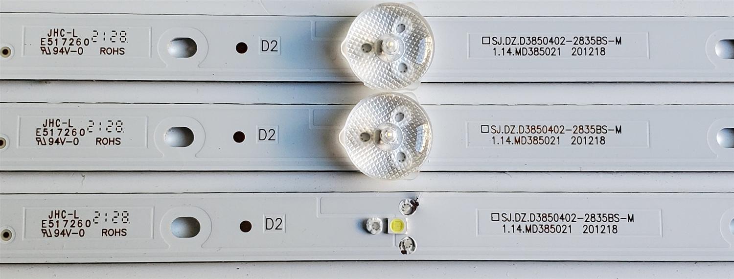 KIT DE LED'S PARA TV QUASAR ((3 PIEZAS)) / NUMERO DE PARTE SJ.DZ.D3850402-2835BS-M / 1.14.MD385021 / 201218 / 385A06K / 0A4R-1.17.01.0000172-000-D5-136T08V2C / 210714D5-02040-DK.D385S02-24565-DR1026 / PANEL DXLC390TA2A / DISPLAY LC390TA2A / MODELO Q39HD1 - Imagen 3