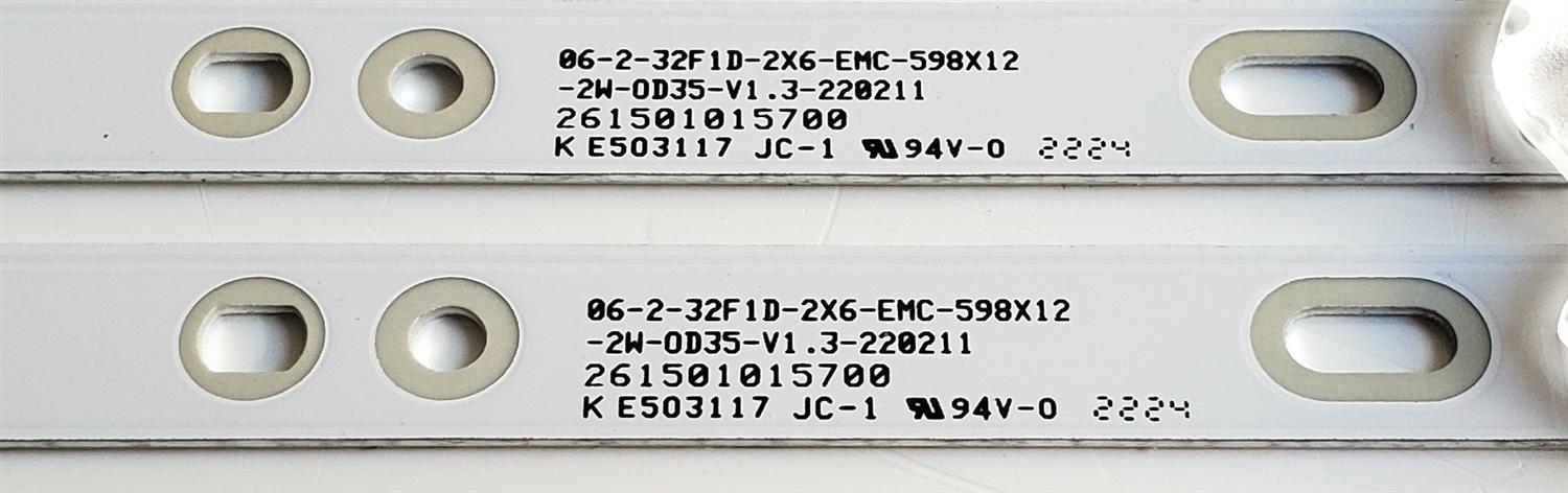 KIT DE LED'S PARA TV JVC ((2 PIEZAS)) / NUMERO DE PARTE 261501015700 / 230101020080 / 06-2-32F1D-2X6-EMC-598X12 / E503117 / 06-2-32F1D-2X6-EMC-598X12-2W-0D35-V1.3-220211 / PANEL HK315LEDM-JH4ZH / DISPLAY PT320AT02-2 VER.2.0 / MODELOS SI32R / WR32HX2210 - Imagen 2
