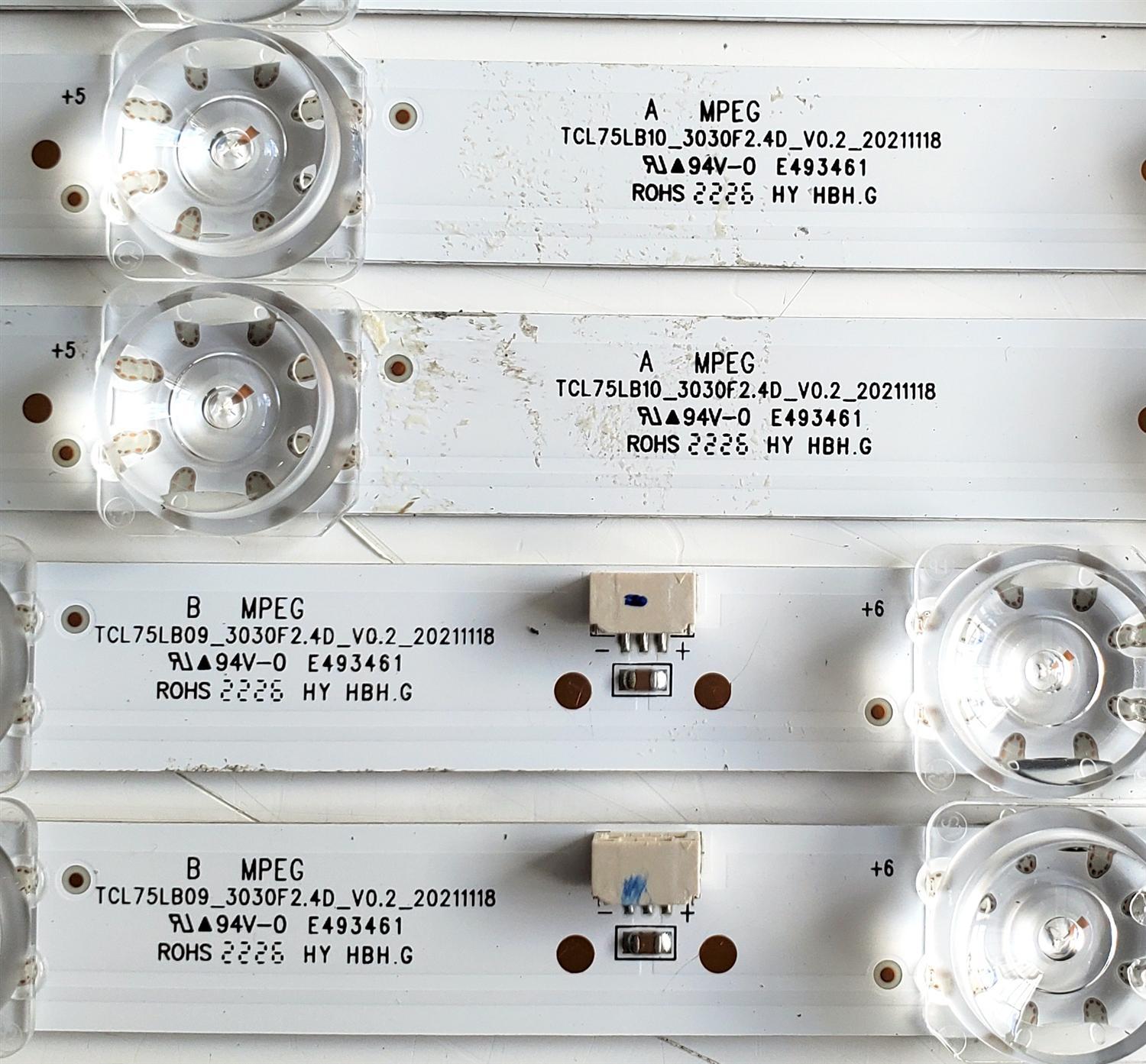 KIT DE LEDS PARA TV TCL ORIGINAL 6 PIEZAS / NUMERO DE PARTE TCL75LB10 / TCL75LB09 / B0101-000378 / B0101-000379 / TCL75LB10_3030F2.4D_V0.2_20211118 / TCL75LB09_3030F2.4D_V0.2_20211118 / PANEL LVU75NDEL CS9W13 V3 / MODELOS 75S451 / 75S455 - Imagen 4