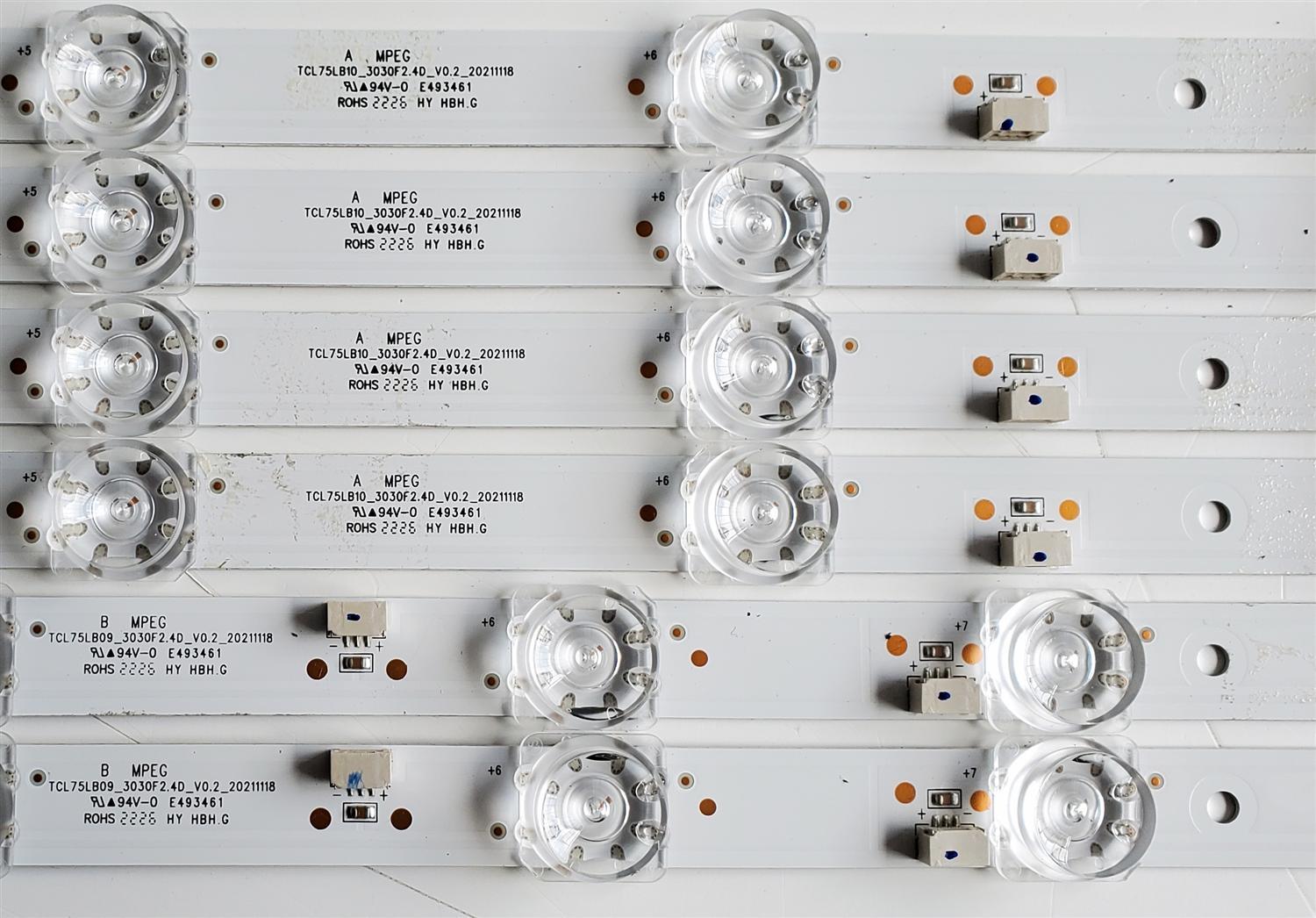 KIT DE LEDS PARA TV TCL ORIGINAL 6 PIEZAS / NUMERO DE PARTE TCL75LB10 / TCL75LB09 / B0101-000378 / B0101-000379 / TCL75LB10_3030F2.4D_V0.2_20211118 / TCL75LB09_3030F2.4D_V0.2_20211118 / PANEL LVU75NDEL CS9W13 V3 / MODELOS 75S451 / 75S455 - Imagen 3