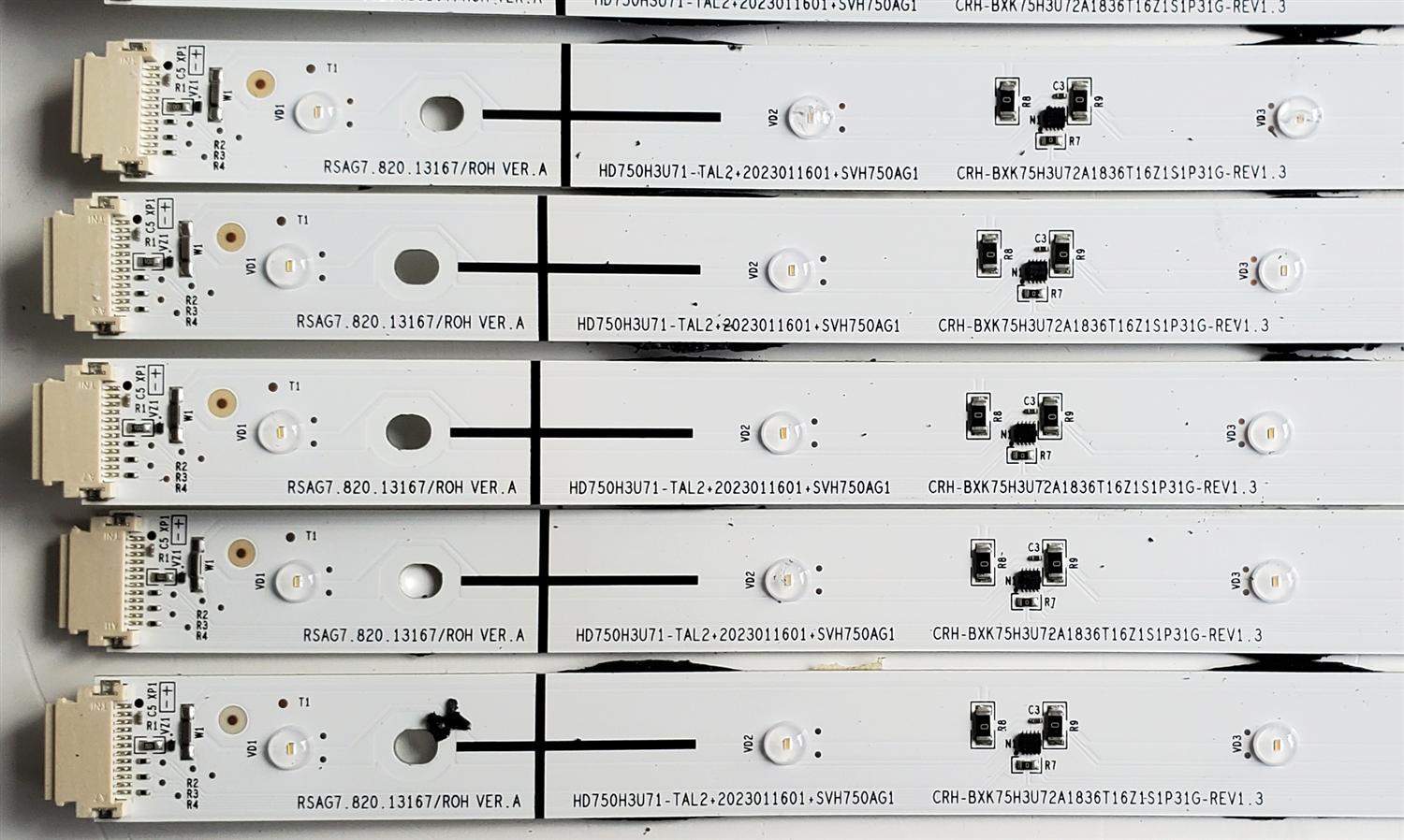 KIT DE LED'S PARA HISENSE ((32 PIEZAS)) / NUMERO DE PARTE RSAG7.820.13167/ROH VER.A / HD750H3U71-TAL2 / 2023011601 / SVH750AG1 / PANEL HD750H3U71-TAL2+2023011601+SVH750AG1 / MODELOS 75U6K / 75U7K - Imagen 5