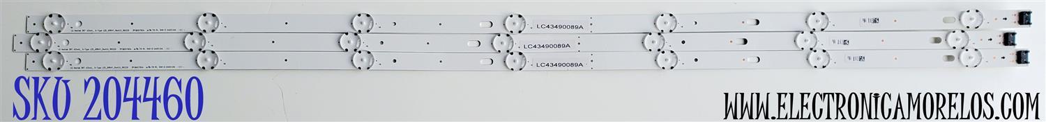 KIT DE LED'S PARA LG ((3 PIEZAS)) / NUMERO DE PARTE LC43490089A / LG Innotek DRT 43INCH_A-Type LED_ARRAY_REV0.0_180220 / 3PCM00785A / E485186 / MODELOS 43UK6200PUA / 43UK6300PUE / 43UK6300PUE.DUSTLUM
