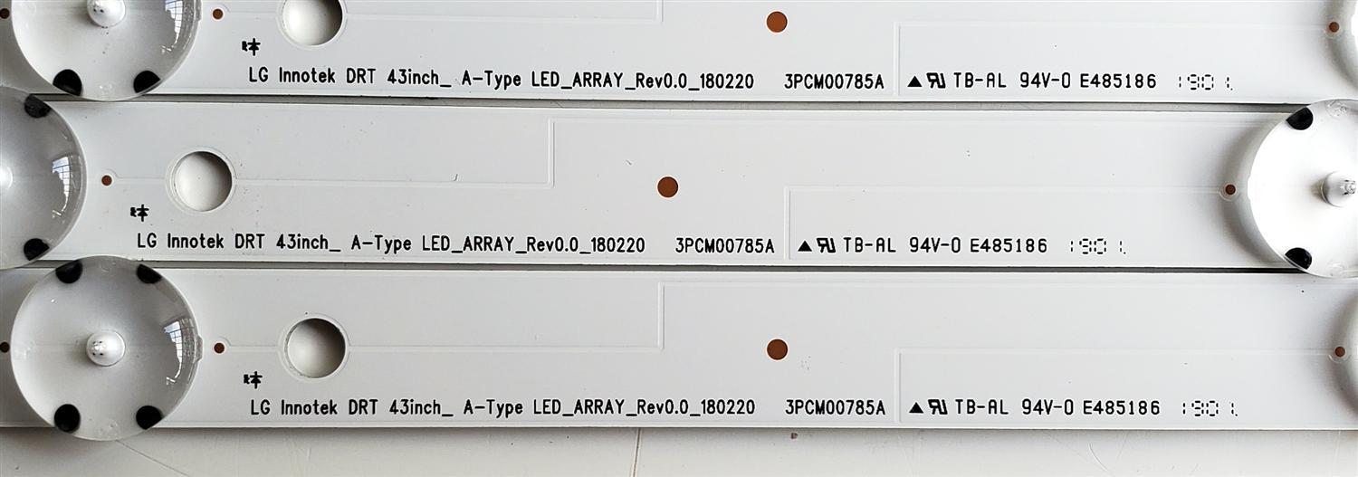 KIT DE LED'S PARA LG ((3 PIEZAS)) / NUMERO DE PARTE LC43490089A / LG Innotek DRT 43INCH_A-Type LED_ARRAY_REV0.0_180220 / 3PCM00785A / E485186 / MODELOS 43UK6200PUA / 43UK6300PUE / 43UK6300PUE.DUSTLUM - Imagen 4