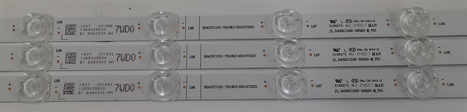 KIT DE LEDS ORIGINAL PARA TV HISENSE 3 PIEZAS / NUMERO DE PARTE JL.D430C1330-003AS-M_V01 / HD425Y1U51-T0L9K2+2021072201 / HD425Y1U51-T0L9K2 / 2021072201 / 2021072201 / 1269229500 / PANEL HD425Y1U71-T0LG / DISPLAY HV430QUB-F70 / MODELO 43A7K / 43QD65NF / 43QD6QV - Imagen 2