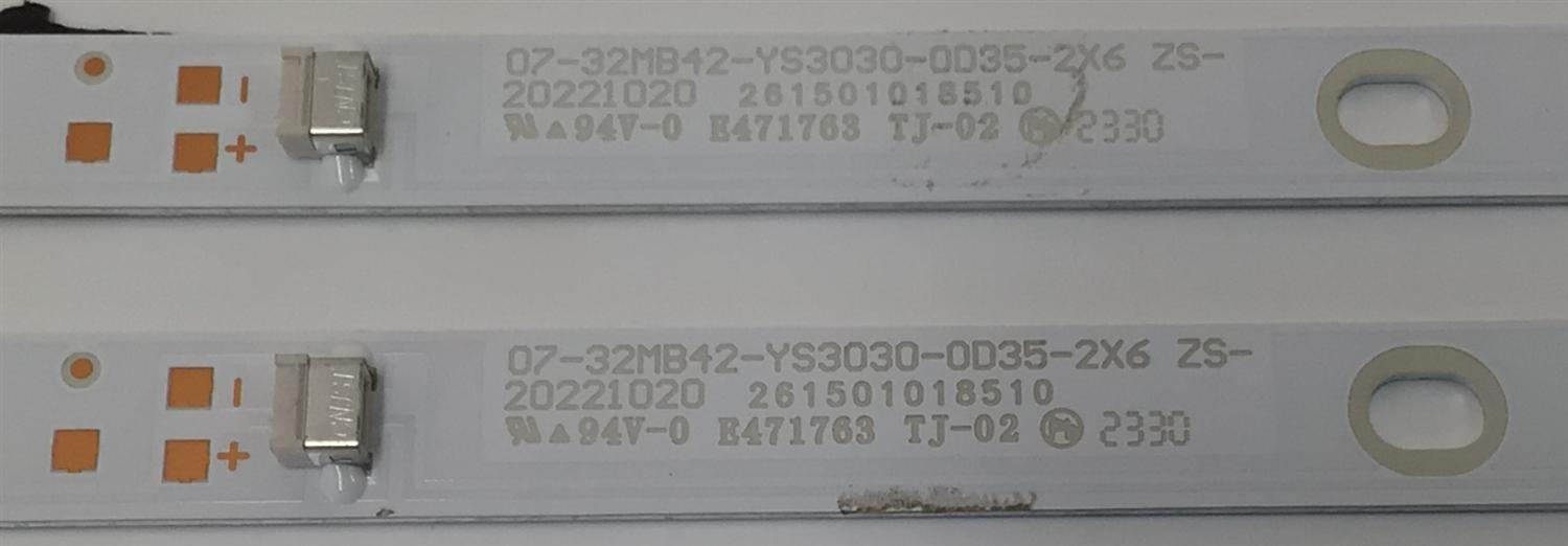 KIT DE LEDS ORIGINAL PARA TV ONN 2 PIEZAS / NUMERO DE PARTE 07-32MB42-YS3030-0D35-2X6 / 261501018510 / 210BZ06D0B33H3C00N / ZS-20221020 / 07-32MB42-YS3030-OD35-2X6 / E471763 / PANEL TPT320B5-XVN02.A REV:SG06B / MODELO 100012589 32" - Imagen 2