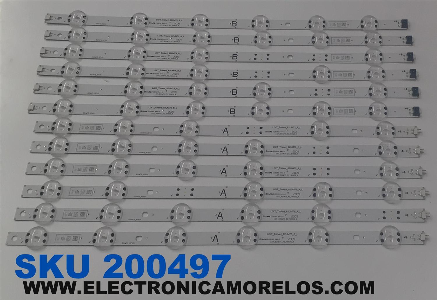 KIT DE LEDS PARA TV LG ORIGINAL 12 PIEZAS / NUMERO DE PARTE EAV64993801 / EAV64993901 / LGIT_TRIDENT_82UM75_A_L / LGIT_TRIDENT_82UM75_B_L / LGIT_82UM75_R2_190626_A / LGIT_82UM75_R2_190626_B / 82UM75_REV01 / PANEL HC820DQF / MODELOS 82UN8570 / 82UM8070