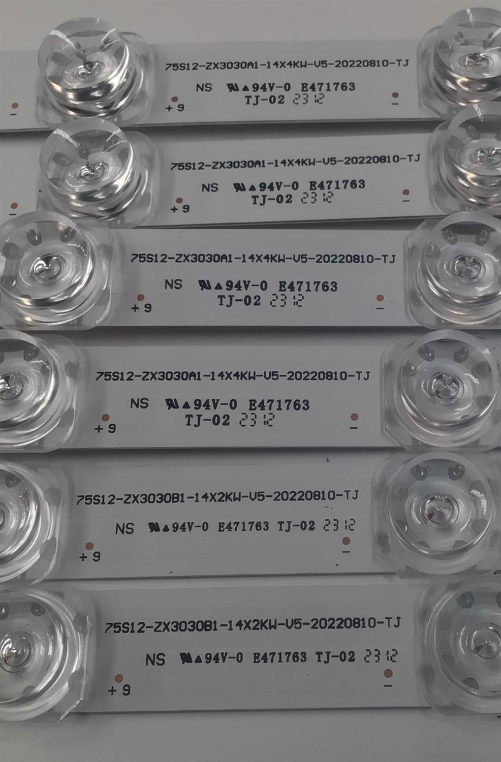 KIT DE LEDS PARA TV TCL ORIGINAL 6 PIEZAS / NUMERO DE PARTE 75S12-ZX3030A1-14X4KW-V5-20220810-TJ / 75S12-ZX3030B1-14X2KW-V5-20220810-TJ / B0101-001001 / B0101-001000 / 4520061AL / 230323028 / 230323029 / 75S12-A-CKD / 75S12-A-CKD / MODELO 75  - Imagen 2