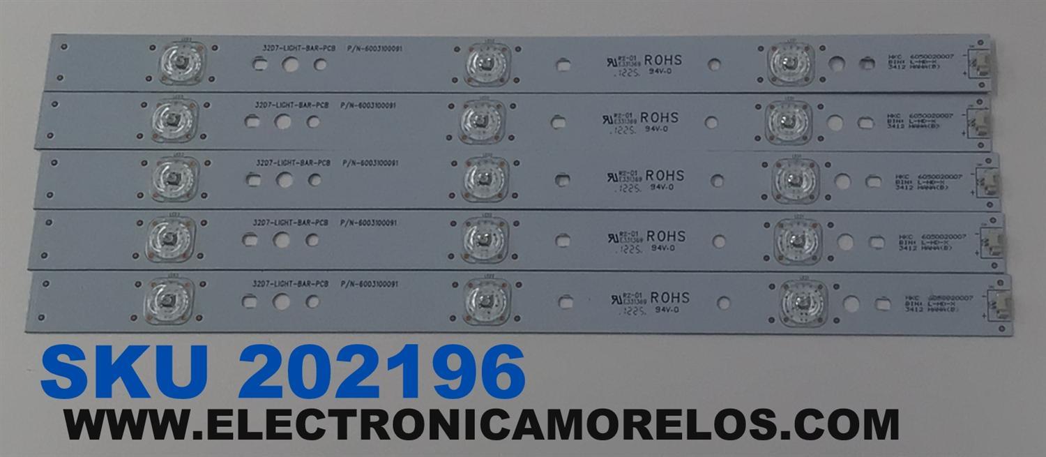 KIT DE LEDS PARA TV PROSCAN ORIGINAL 5 PIEZAS / NUMERO DE PARTE 6050020007 / 6003100091 / 32D7-LIGHT-BAR-PCB / E331369 / PANEL HK315WLEDM-BH28H / DISPLAY HV320WX2-201 / MODELO PLDED3273A-B