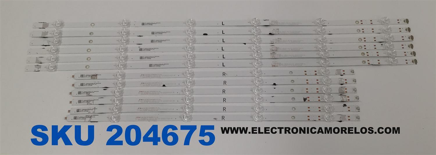 KIT DE LEDS PARA TV ONN ORIGINAL 12 PIEZAS / NUMERO DE PARTE 303GJ650044 / 303GJ650045 / GJ-65MB02-0D22-6X10-20221101-L / GJ-65MB02-0D22-6X10-20221101-R / B005P00103163A / B005P00103164A / PANEL TPT650WR-R3HA.P REV:S3LAN / MODELO 100012587 65"