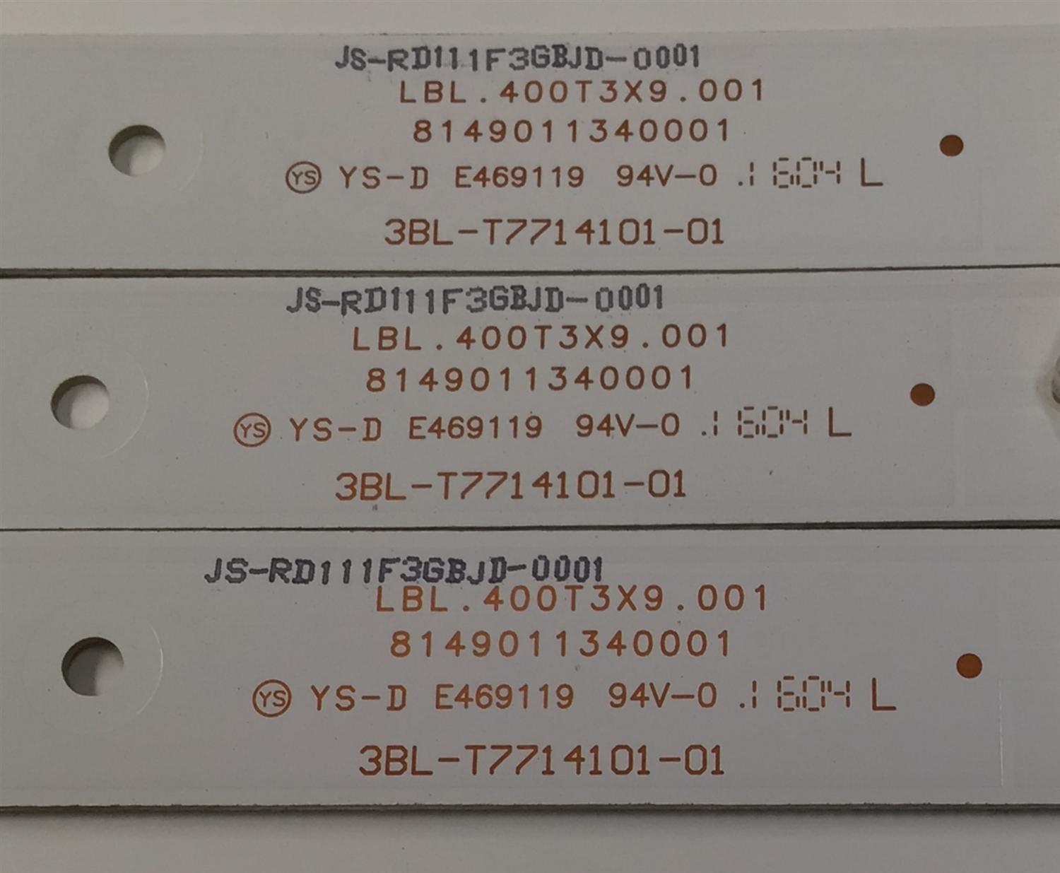 KIT DE LEDS PARA TV COBIA ORIGINAL 3 PIEZAS / NUMERO DE PARTE 3BL-T7714101-01 / LBL.400T3X9.001 / 8149011340001 / JS-RD111F3GBJD-0001 / PANEL V400HJ5-PE1 / DISPLAY LSC400HN02-G02 / MODELO CLEDTV4015SM - Imagen 2