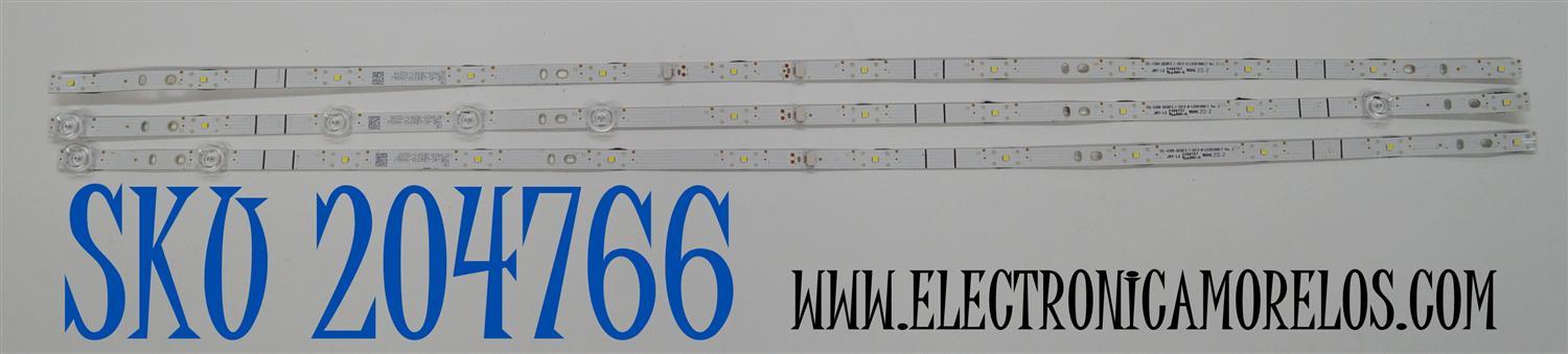 KIT DE LEDS ORIGINAL PARA TV TCL 3 PIEZAS / NUMERO DE PARTE TCL-43D8-3030F2.1 / TCL-43D8-3030F2.1-3X12-A-LX20190617 / TCL-43D8-3030F2.1-3X12-B-LX20190617 / 4C-LB4312-YH03JC / 4C-LB4312-YH04JC / PANEL LVU430NEBL-CD9W00V1 / MODELO 43S525
