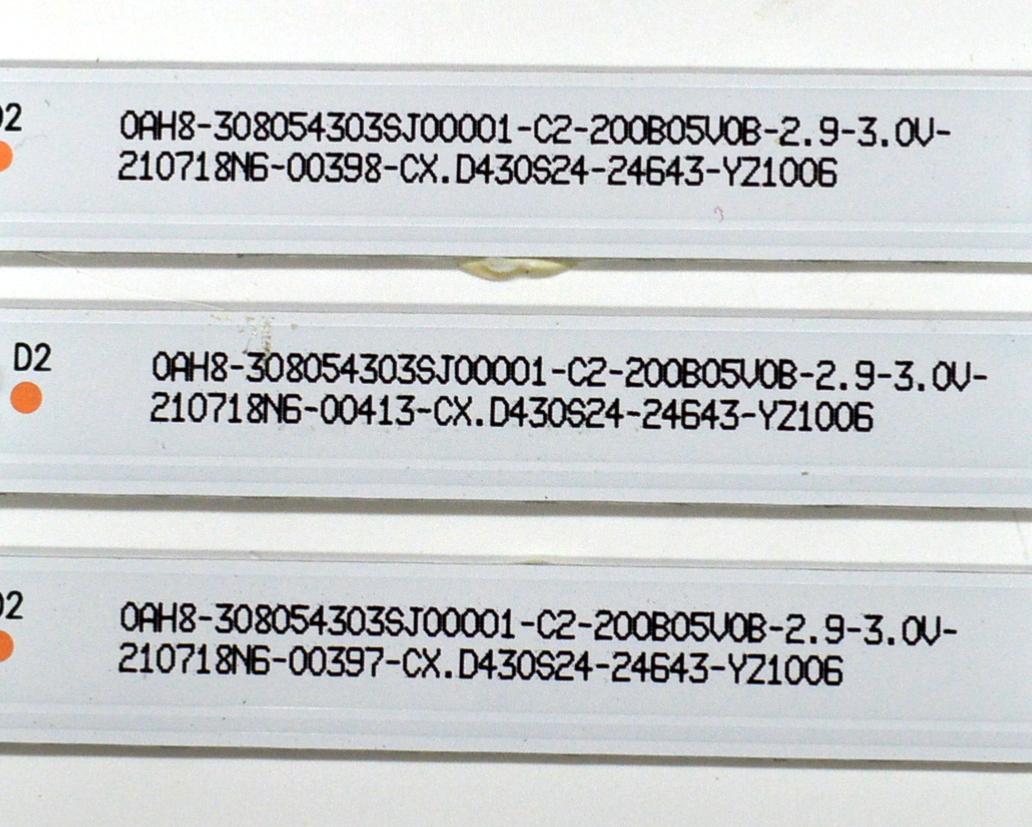 KIT DE LEDS ORIGINAL PARA TV 3 PIEZAS / NUMERO DE PARTE D4304001-3030ES-M / SJ.CX.D4304001-3030ES-M / 1.14.MD430075 / 0AH8-308054303SJ00001-C2 / 200B05V0B-2.9-3.0V-210718N6 / CX.D430S24-24643-YZ1006 / MODELO 43" - Imagen 4