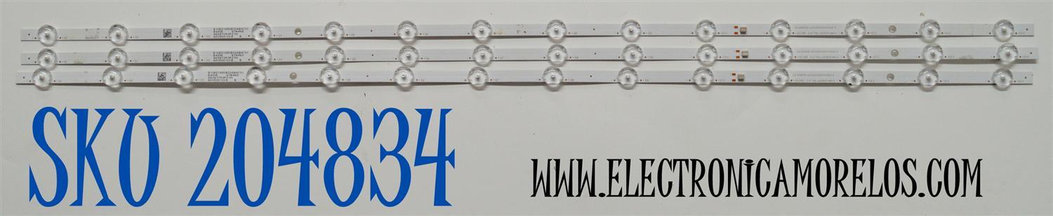KIT DE LEDS ORIGINAL PARA TV VIZIO 3 PIEZAS / NUMERO DE PARTE GJVIZIO433X14VS33 / GJVIZI0433X14VS33 / LB-GM3030-GJVIZIO433X14VS33-S / LB-GM3030-GJVIZI0433X14VS33-S / 210BZ14D0B334BHC0X / PANEL TPT430WR-QVN03.U / DISPLAY T430QVN03.T / MODELO VQD43M-0801