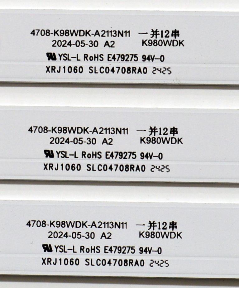 KIT DE LEDS ORIGINAL PARA TV ONN 24 PIEZAS / NUMERO DE PARTE 4708-K98WDK-A2113N11 / XRJ1060 / SLC04708RA0 / K980WDK / 112412-98411011 / K980WDK41 / N2-240815-3220H633 / PANEL K980WDK41 / DISPLAY SG9751D01-1 VER.2.1 / MODELO 100146865 98" - Imagen 4