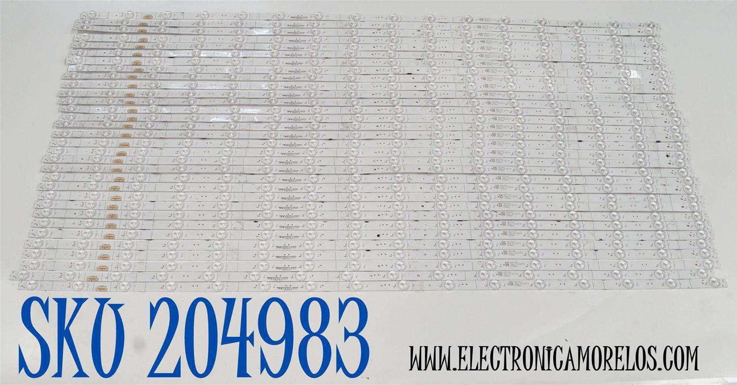 KIT DE LEDS ORIGINAL PARA TV HISENSE 32 PIEZAS / NUMERO DE PARTE HXLB22059 / HD100H7U61 / 202320501 / LL-HXLB22059 / 1319589 / 6DT4 / 250119LU / PANEL HD100H7U62-L8 / DISPLAY PTA00GT01-3 VER.1.0 / MODELO 100U70N