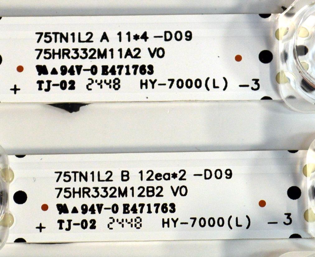 KIT DE LEDS ORIGINAL PARA TV TCL 6 PIEZAS / NUMERO DE PARTE 75TN1L2 / 75TN1L2 A / 75TN1L2 B / 75HR332M11A2 V0 / 75HR332M12B2 V0 / N0101-000650-A00 / N0101-000651-A00 / LK7A08U1C / HY-7000 L -3 / PANEL LVU750NDAL / DISPLAY JR745R3HD2Y / MODELO 75Q51K - Imagen 2