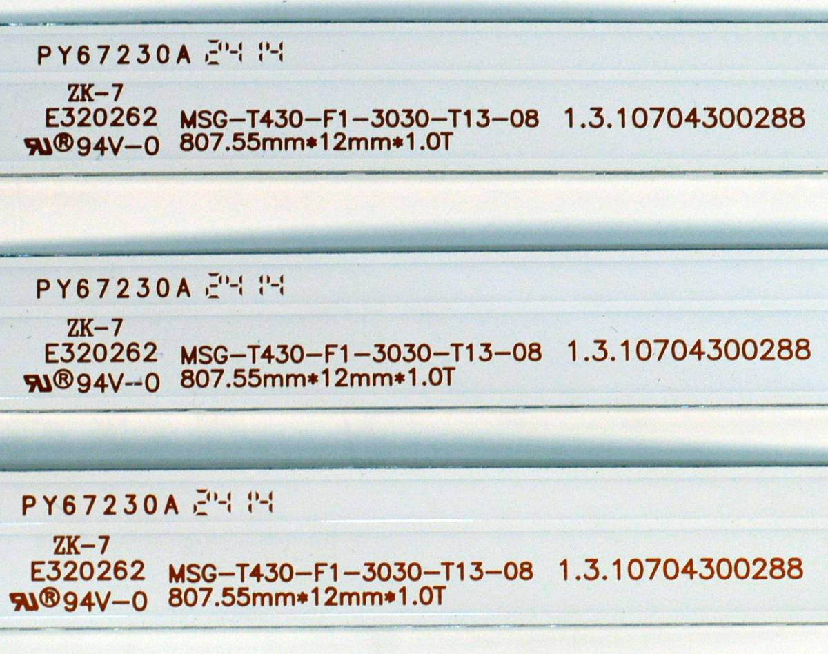 KIT DE LEDS ORIGINAL PARA TV EVL 3 PIEZAS / NUMERO DE PARTE 1.3.10704300288 / MSG-T430-F1-3030-T13-08 / B5-2 3.2-3.4V 270-280LM / PANEL PT430GT02-1 / DISPLAY PT430GT02-1 VER.1.0 / MODELO 43EVLS4 - Imagen 3