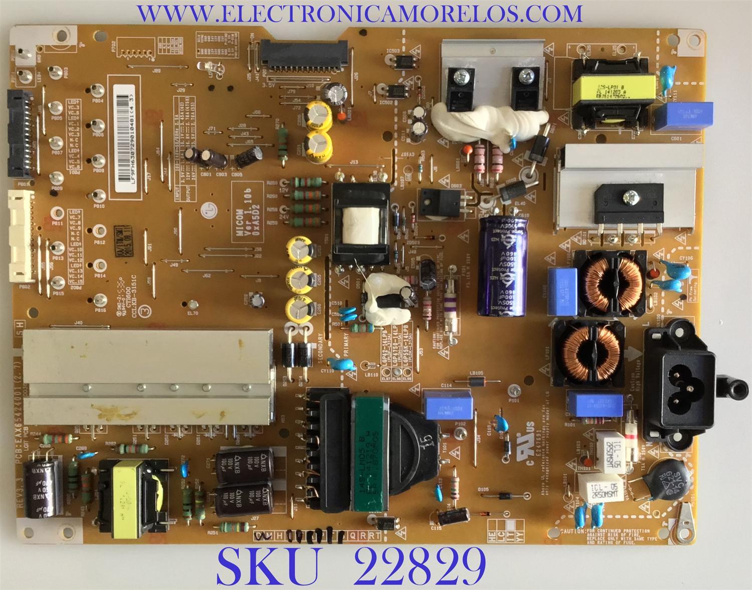 FUENTE DE PODER PARA TV LG / EAY63072901 / EAX65424001(2.7) / 3PCR00364D / LGP4750-14LPB / MODELOS 47LY970H / 47LB700V / 47LB671V-ZB.BEUWLJG