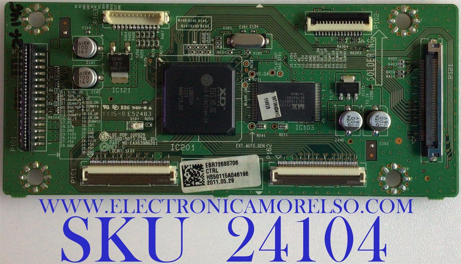 MAIN LOGICA PARA TV ZENITH / NUMERO DE PARTE EBR72680706 / EAX63986201 / 50T3_CTRL_20 / PANEL PDP50T30010 / MODELOS Z50PT320-UC / Z50PT320-UC.AUSAZUR / 50PT350-UD