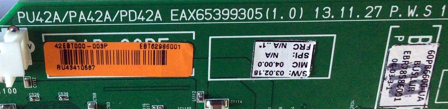 MAIN PARA TV LG / NUMERO DE PARTE EBT62986001 / EBR78586001 / EAX65399305(1.0) / EAX65399305 / PANEL PDP60R6 / MODELO 60PB6600-UA / 60PB6600-UA.BUSLLJR - Imagen 2