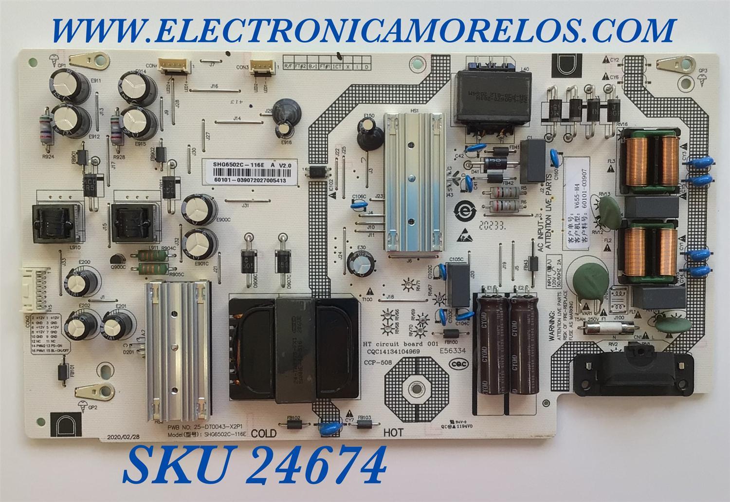 FUENTE DE PODER PARA TV VIZIO / NUMERO DE PARTE 60101-03907 / SHG6502C-116E / 25-DT0043-X2P1 / CQC14134104969 / PANEL HV650QUB-F70 / MODELOS V655-H4 / V655-H4 LBPFZZKW