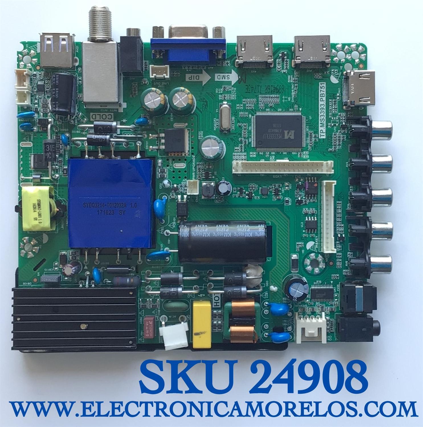 MAIN FUENTE PARA TV ELEMENT NUMERO DE PARTE K17051743 / TP.MS3393.PB751 / E17133-SY / K17051743-0A02782 / PANEL T400-V35-DLED / MODELO ELGW4017
