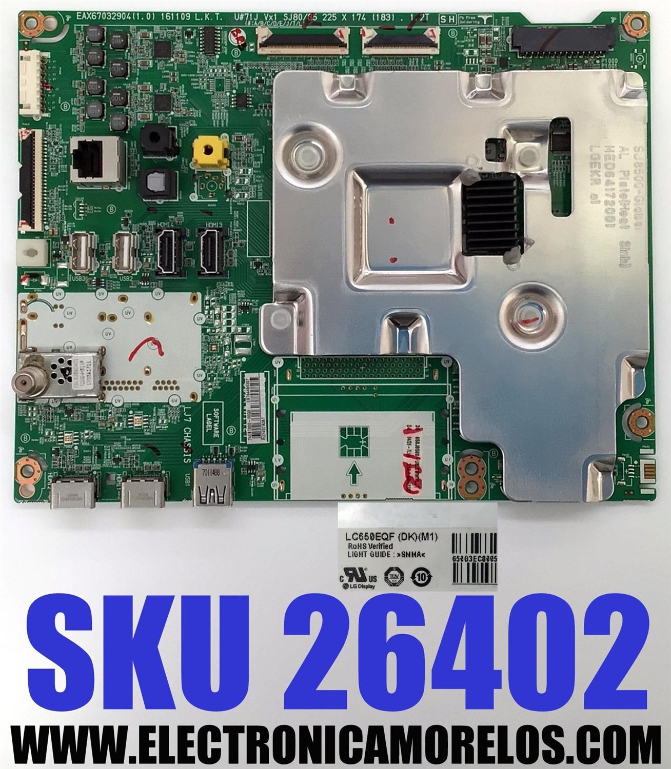MAIN PARA TV LG 4K·UHD·HDR ((SMART TV)) / NUMERO DE PARTE EBT64458307 / EAX67032904 / 64458307 / EAX67032904(1.0) / PANEL LC650EQF-DKM1 / DISPLAY LC650EQF (DK)(M1) / MODELO 65SJ8500-UB / 65SJ8500-UB.BWMYLJR