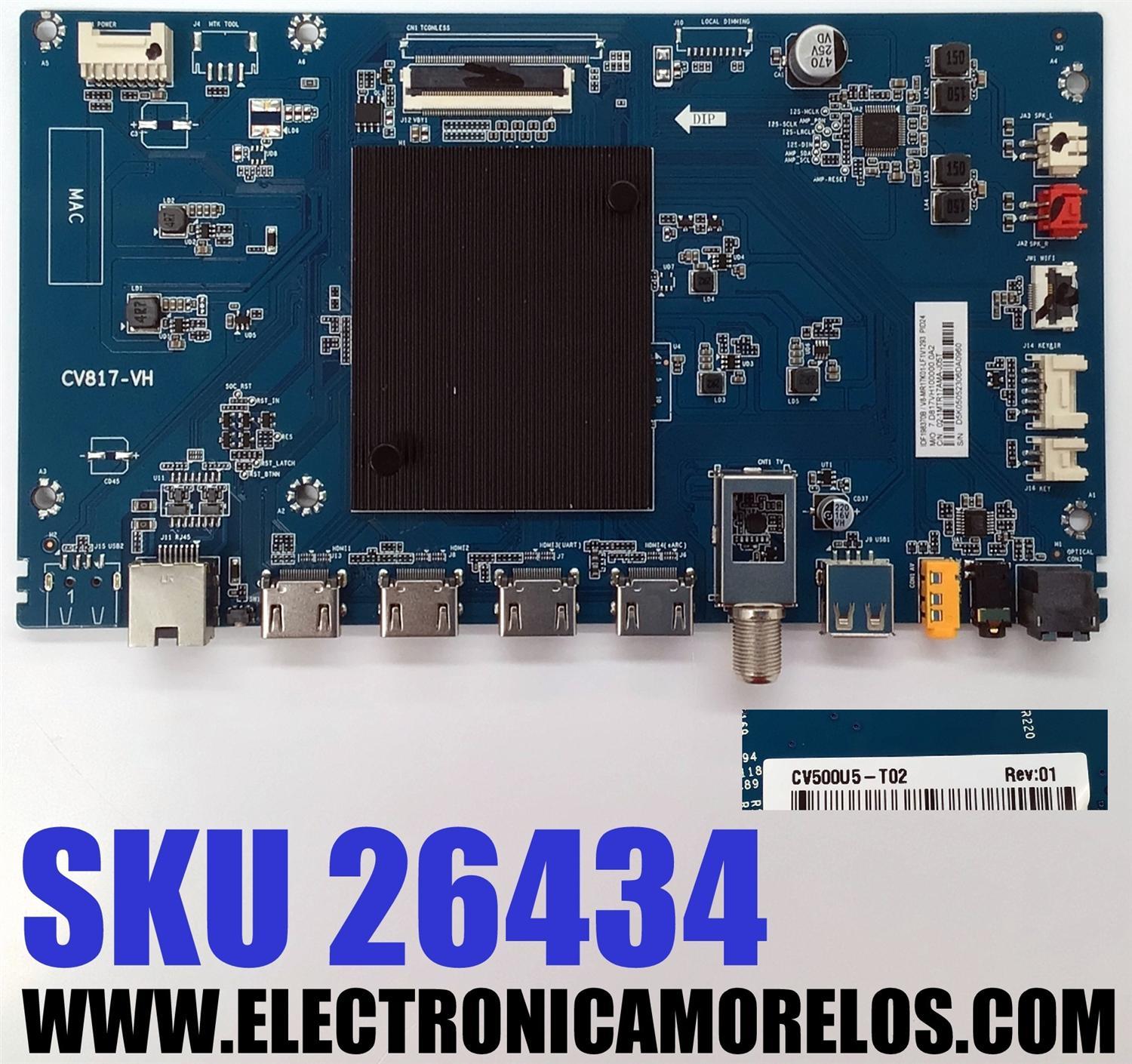 MAIN PARA TV DAEWOO 4K·UHD·HDR ((ROKU TV)) / NUMERO DE PARTE 02-1MTR17AMA-J05T / CV817-VH / 7.D817VH100000.0A2 / V8-MR17K01-LF1V1293 / IDF198370B / D5K05052306DA / PANEL LVU500CHDX E0504 / DISPLAY CV500U5-T02 REV:01 / MODELO DAW50UR