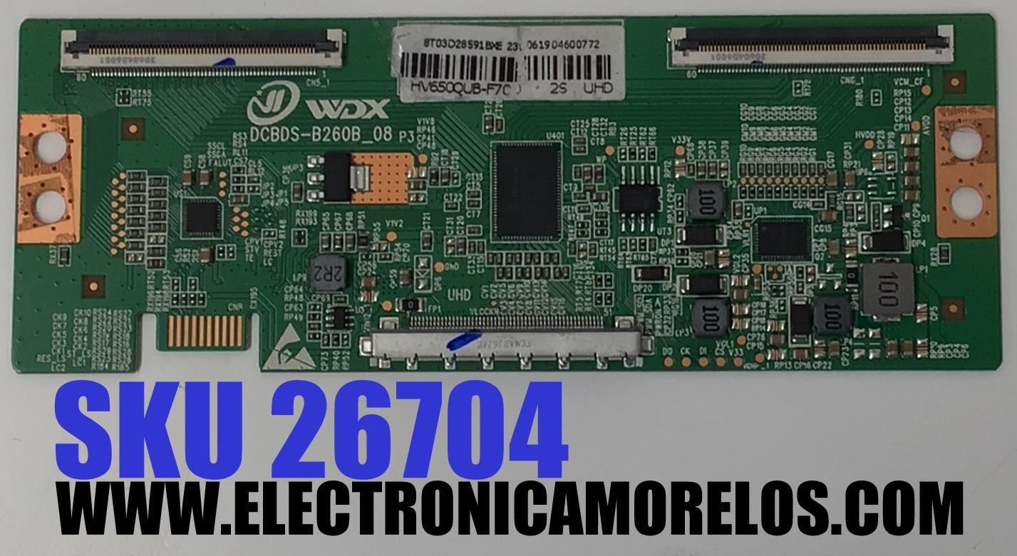 T-CON PARA TV EVL / NUMERO DE PARTE 8T03D28591 / DCBDS-B260B-08 / HV650QUB-F70 / 8T03D28591BXE / 23061904600772 / DISPLAY HV650QUB-F70 / MODELO 65EVLS4